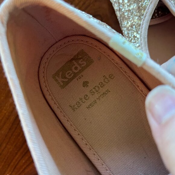 Kate Spade Keds Glitter Sneakers Womens Size 8 US Gold Sparkle With Pink Satin L - Picture 2 of 8